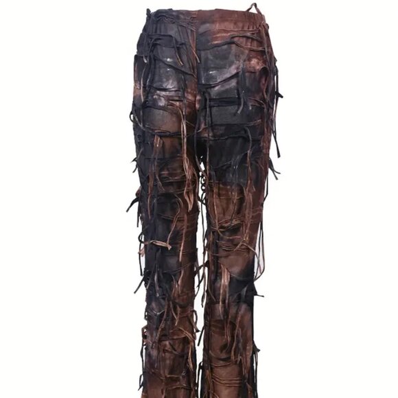 Earthy Brown Tassel Fringe Boho Grunge Leggings Pants - Picture 1 of 5